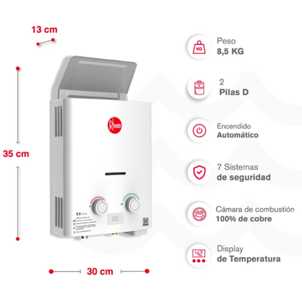 Calentador RHEEM 5,5lt Gas Propano Tiro Natural Mecánico - Image 4