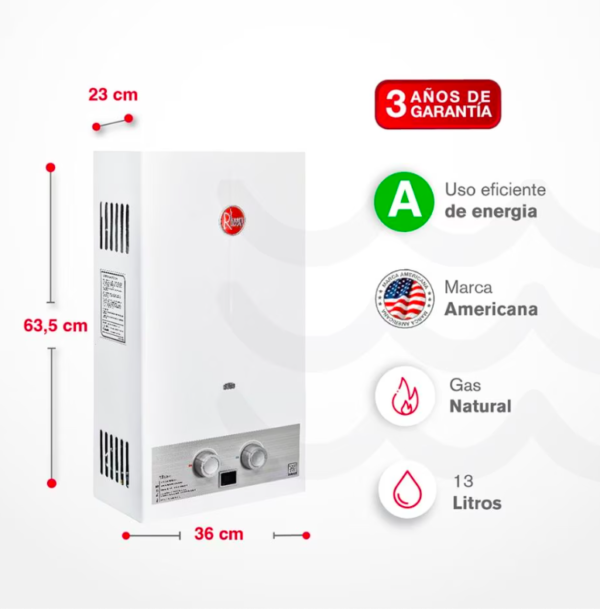 Calentador RHEEM 13lt Gas Natural Tiro Natural Mecánico - Image 2