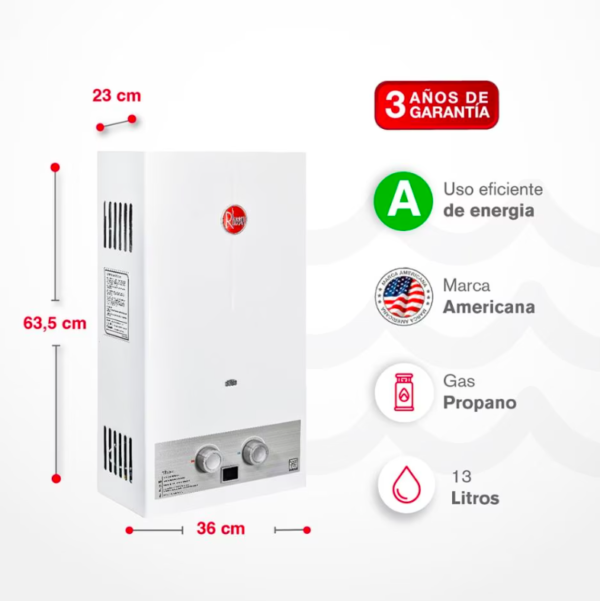 Calentador RHEEM 13lt Gas Propano Tiro Natural Mecánico - Image 3